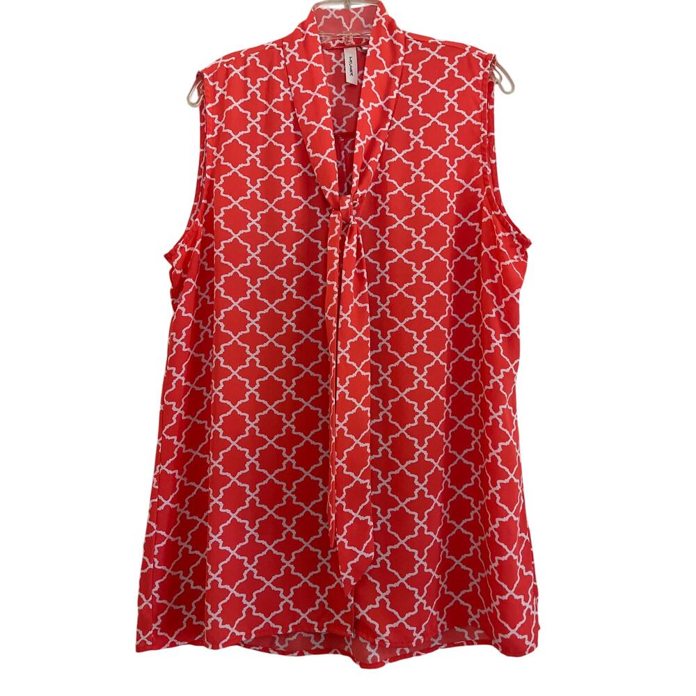 Tacera Tie Neck Blouse Womens Size XL Orange White Button Front Work Church